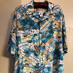 Hilo Hattie Hawaiian Shirt License Plate Hibiscus Surfboard Hula Girl Size L